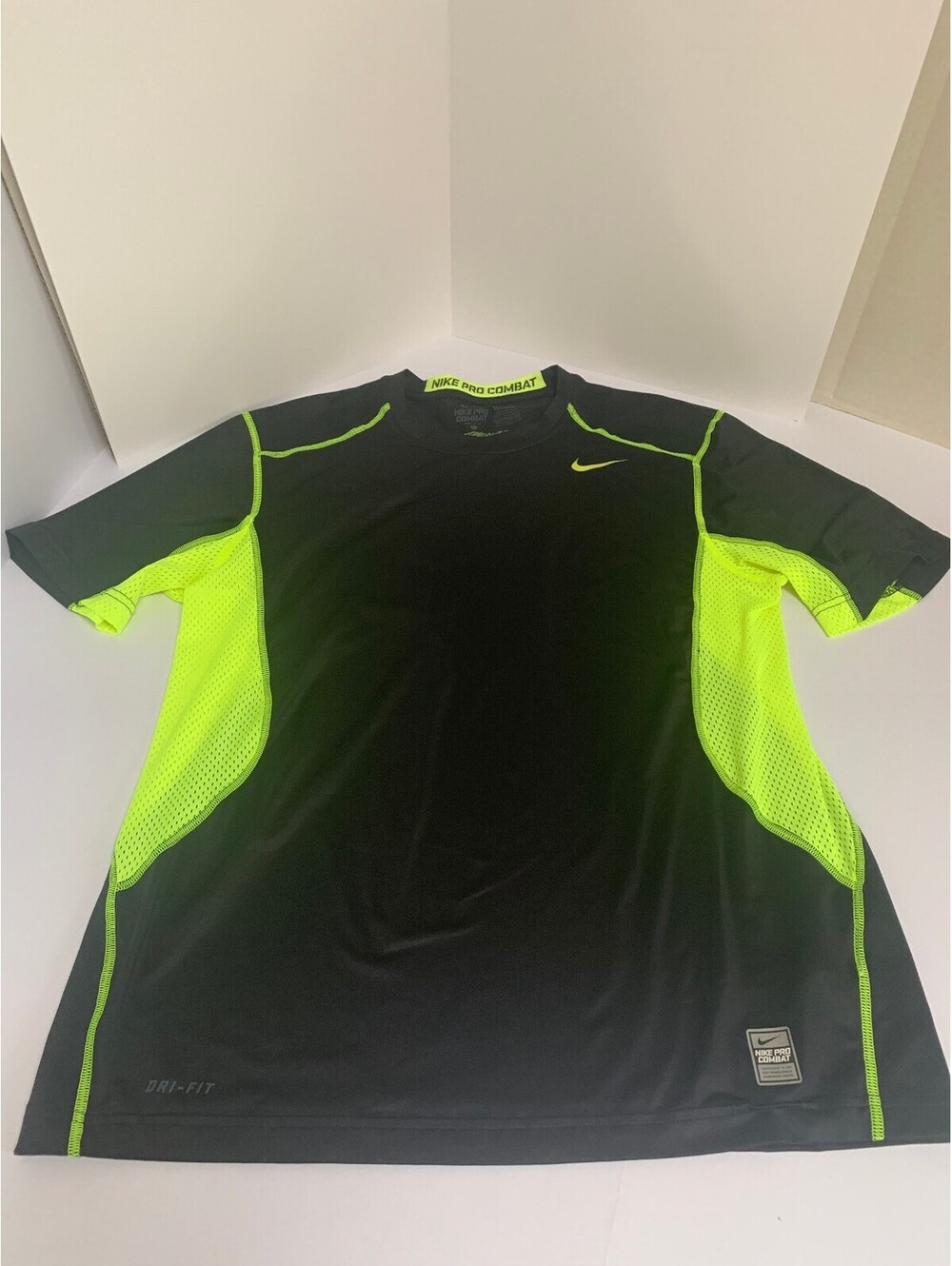 Nike Pro Combat Dri Fit Black Volt Green Mesh Compression Shirt Men Size L
